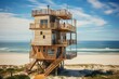 On a sunny day in Florida, there is a picturesque view of a wooden house tower located near the beach, embodying the principles of new urbanism and modern architecture. This stunning structure offers