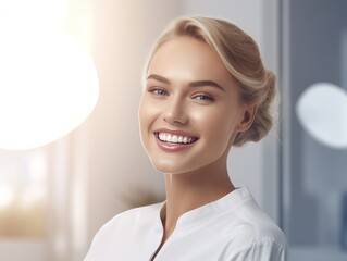 Beautiful wide smile of healthy woman, white teeth close up, dentist tooth whitening. Generative AI