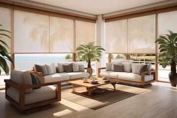 Wall Mural - Interior roller blinds are used to cover the windows, and there are automatic solar shades in a bigger size for the windows. The living room consists of sofas and palm trees, creating a pleasant