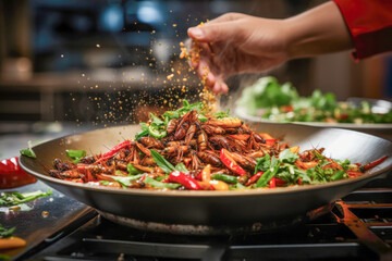 Edible insects and vegetables stir fry dish in a large frying pan on a stove, with a selection of spices added