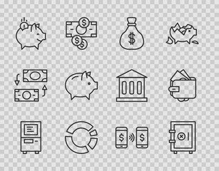 Sticker - Set line ATM, Safe, Money bag, Pie chart infographic, Piggy bank with coin, payment transfer and Wallet money icon. Vector