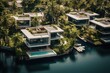 In a birds eye perspective, there is a series of three story houses situated along a waterway in Miami, Florida. These homes boast private docks and are positioned right by the water, adjacent to a