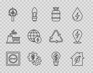 Poster - Set line Electrical outlet, Eco friendly house, Propane gas tank, Leaf plant in gear machine, Wind turbine, Global energy power planet, Light bulb with leaf and Lightning bolt icon. Vector