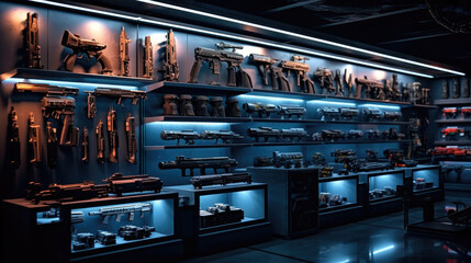 Wall Mural - Modern interior of gun shop. Futuristic arsenal that offers a choice of advanced weaponry options