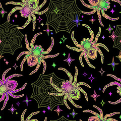 Canvas Print - Seamless illustration of colorful spiders and cobwebs