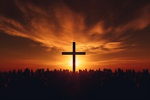 Silhouette Cross On Calvary Mountain Sunset Background. Easter, Christmas Concept.