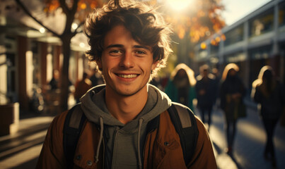 Wall Mural - Caucasian happy male in university campus, Portrait of teenage male student standing in a college