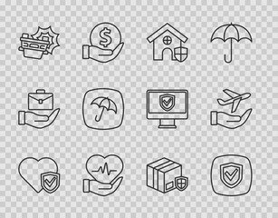 Sticker - Set line Life insurance with shield, Shield, House, Car accident, Umbrella, Delivery security and Plane hand icon. Vector