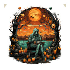 A detailed description of a fishing mom Halloween t-shirt design featuring a loving mother figure as a wise fortune-teller, Generative Ai