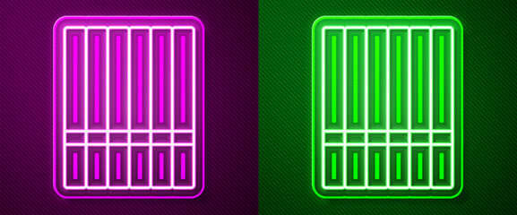 Sticker - Glowing neon line Cigarette icon isolated on purple and green background. Tobacco sign. Smoking symbol. Vector