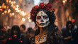 © OpticalDesign - Mexican woman with day of the dead makeup, flowers and skull, mexico holiday