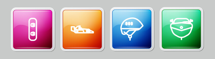 Sticker - Set line Snowboard, Formula 1 racing car, Bicycle helmet and Speedboat. Colorful square button. Vector