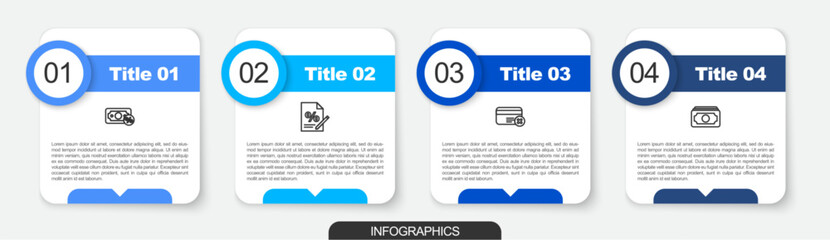 Sticker - Set line Money percent, Finance document, Credit card remove and Stacks paper money cash. Business infographic template. Vector