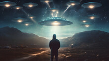 Back View Of Man Looking At Alien Invasion, UFO Flying In The Sky, Concept Of Evidence And Sighting

