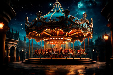 night scene of big city with big carousel in the park. high quality photo,Generative AI