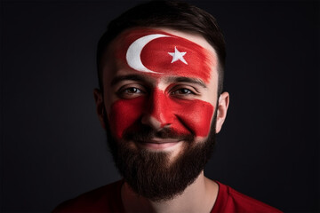 Wall Mural - Cheerful young man with Turkey flag pattern on his face. 