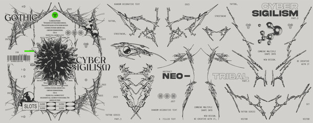 neo tribal or cyber sigilism shape collection for tattoo, streetwear etc vector set