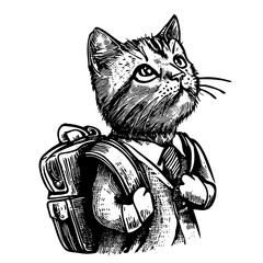 student cat wearing backpack, back to school illustration