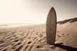 © MBPhotos - surfboard standing in the sand in the style of retro