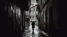 Man Under The Rain With An Umbrella In A Dark Street - Generative AI