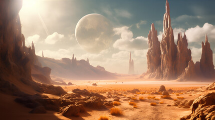 image of an alien planet desert with rocks in the background, in the style of sci-fi landscapes - Generative AI
