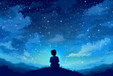 A little boy sits on top of a mountain and looks up at the starry night sky. Generative AI illustration in cartoon anime style