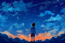 A Little Boy Looks Up At A Sky Full Of Stars With An Orange Sunset Already Fading Into The Night. Generative AI Illustration In Cartoon Anime Style