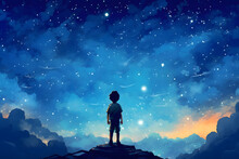 A Little Boy Stands On Top Of A Mountain And Looks Up At The Starry Night Sky. Generative AI Illustration In Cartoon Anime Style