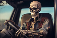 On The Road To Nowhere - A Fearless Skeleton Takes The Wheel Of This Hauntingly Cool Truck (Generative AI)