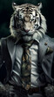 White tiger dressed in an elegant suit with a nice tie. Fashion portrait of an anthropomorphic animal, feline, shooted in a charismatic human attitude.