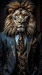 Lion dressed in an elegant suit with a nice tie. Fashion portrait of an anthropomorphic animal, feline, leo, shooted in a charismatic human attitude.