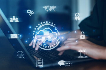 concept of management cloud strong with digital data file, download and upload data on cloud.