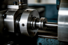 Close-up Of A Lathe Machine Creating A Threaded Bolt With A Die Held In Place By A Lathe Tailstock