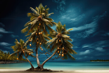 Canvas Print - Decorated Palm tree for Christmas Holiday on the tropical beach background. 