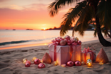 Wall Mural - Pink Christmas gift, boxes on a tropical  beach. Christmas Holiday travel.