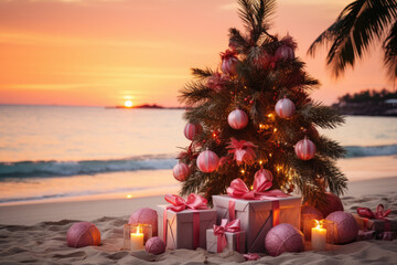 Wall Mural - Pink present  boxes and christmas tree on the beach