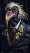 Old vulture dressed in an elegant suit with a nice tie. Fashion portrait of an anthropomorphic animal, raptor, shooted in a charismatic human attitude
