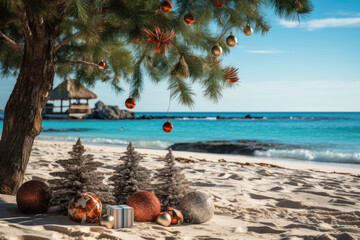 Sticker - beach with Christmas trees and decorated palm 