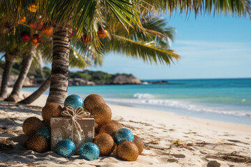 Wall Mural - coconut palm tree with Christmas decoration on the beach