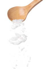 Wall Mural - Refined Salt fall down pouring in wooden spoon, powder white salts explode abstract cloud fly. Small ground salt splash in air, food object element design. White background isolated high speed freeze