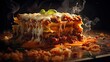 Closeup lasagna with melted white cheese on wooden table with black and blurry background