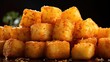 Crispy tater tots with savory salty spices on wooden table with black and blur background