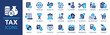 © Icons-Studio - Tax icon set. Containing tax refund, tax deduction, payment, tax accounting, calculator, taxpayer, VAT, taxation and income icons. Solid icon collection. Vector illustration.