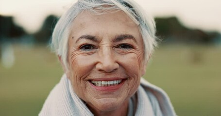 Poster - Face, senior woman and smile in nature on vacation, holiday or travel in winter. Portrait, happy and elderly person in the countryside, park or garden for wellness, freedom or retirement in Canada