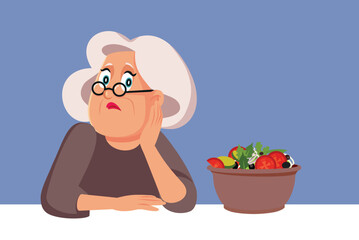 Unhappy Elderly Woman Not Eating Having No Appetite vector Illustration. Sad upset granny trying to lose some weight feeling depressed 
