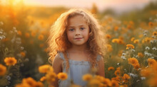 Cute Happy Little Girl Of 4 Years In Sunset Light. Blooming Spring Meadow. Field Of Summer Flowers