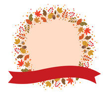秋の葉っぱと木の実の サークル フレーム バナー 背景/リボン/くすみピンク2