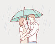 couple in love standing in the rain under an umbrella. Hand drawn style vector design illustrations.