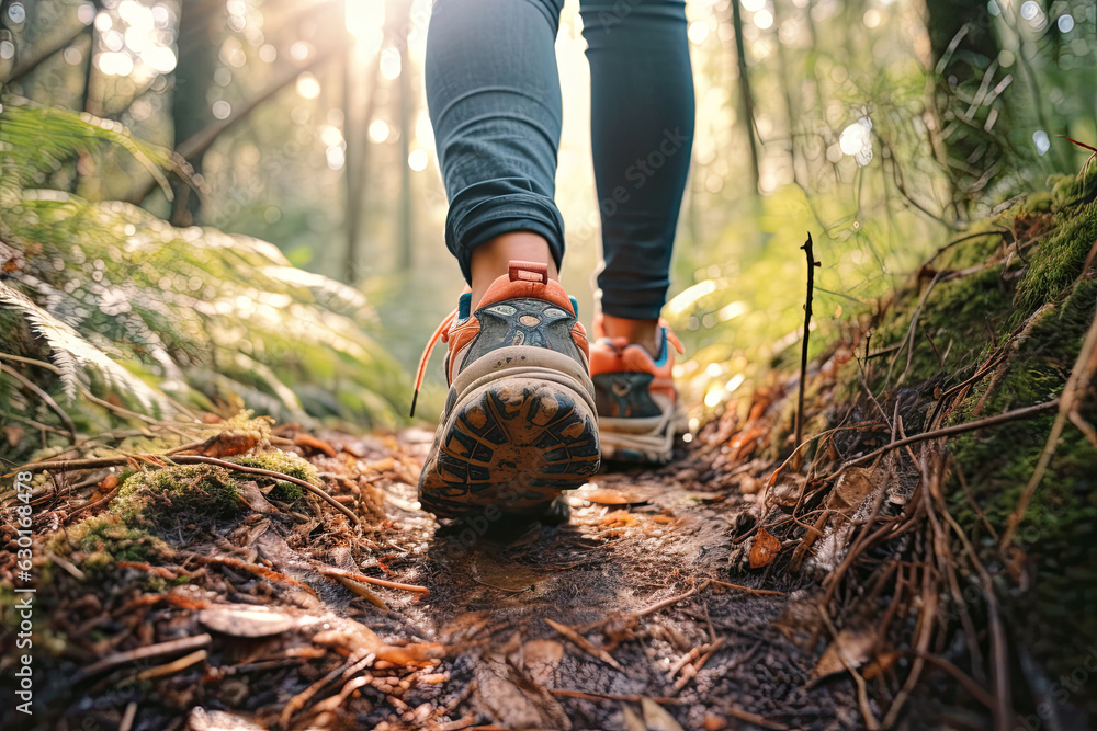 Woman walking on the trail in a forest, close-up of a shoes, back view ...