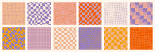 Groovy Retro Checkerboard Seamless Patterns Set. Psychedelic Abstract Grid Background In 1970s Style. Y2K Wavy Texture